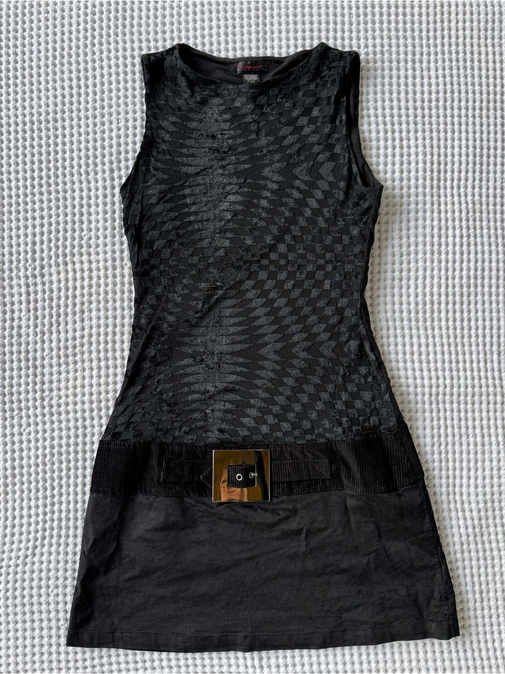 Custo black stretch velvet Mini Dress with buckle